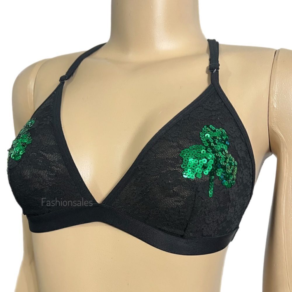 Victoria's Secret St. Patrick's Day Sequins Shamrock Triangle Lace Bralette Bra